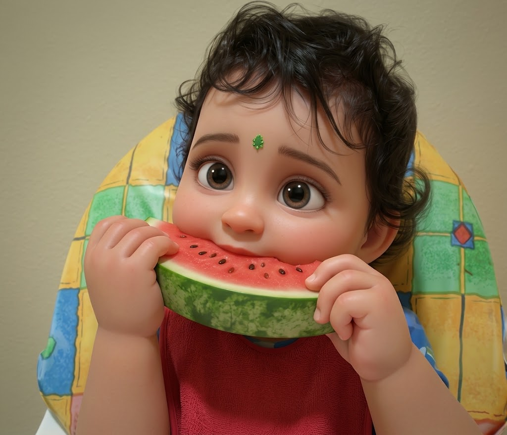 The same photo restyled by Crumbs into an illustrated character, so the moment is intact but the child is not identifiable