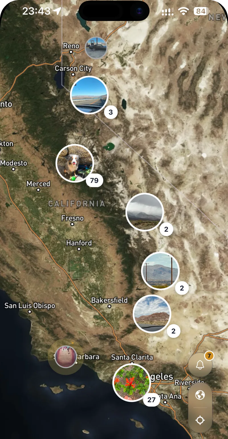 The map over California with photo clusters of 79, 27, 3 and 2 crumbs