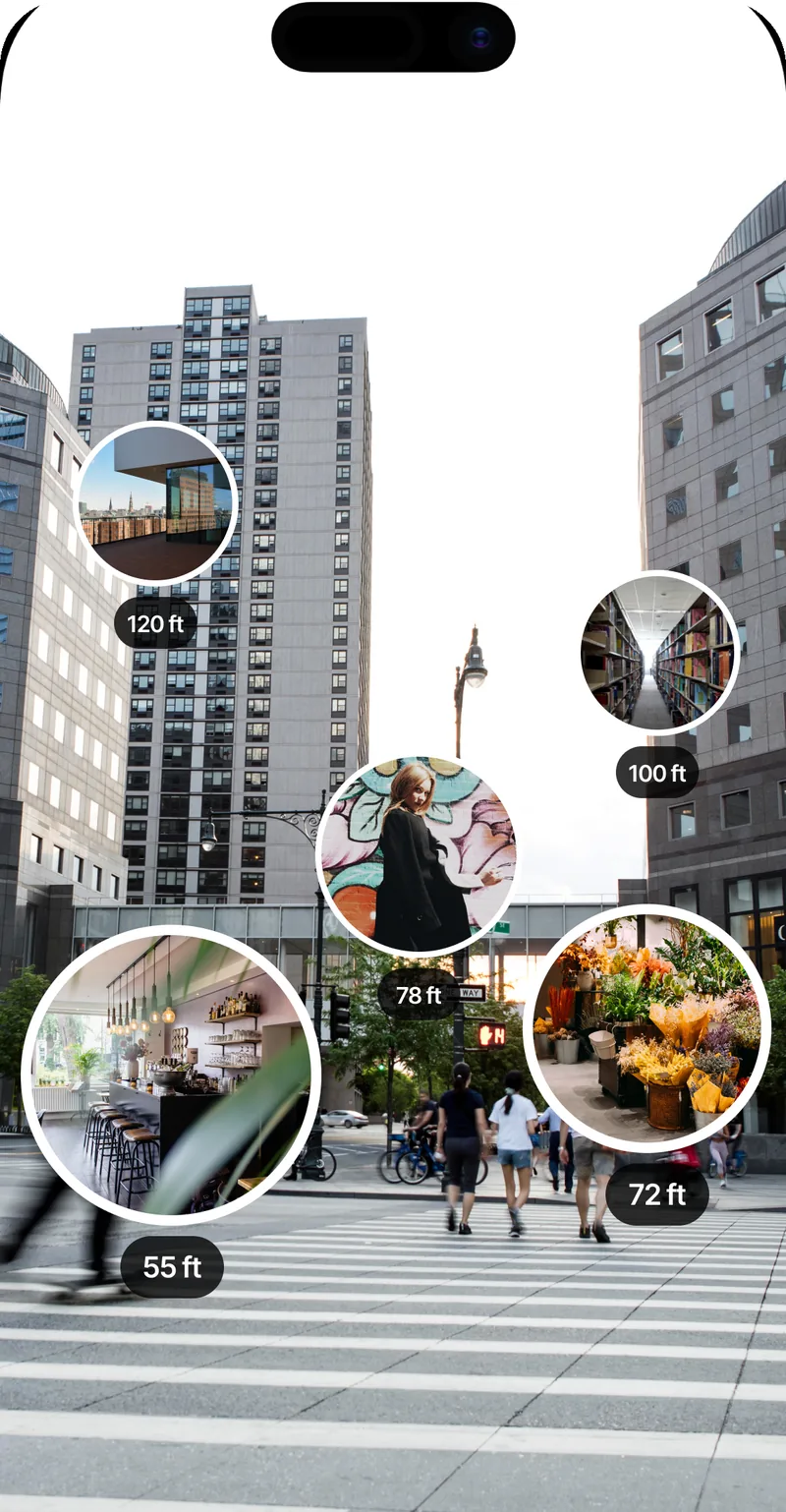 Look around: the camera view of a city street with photo crumbs floating where they are, labelled 55 ft to 120 ft