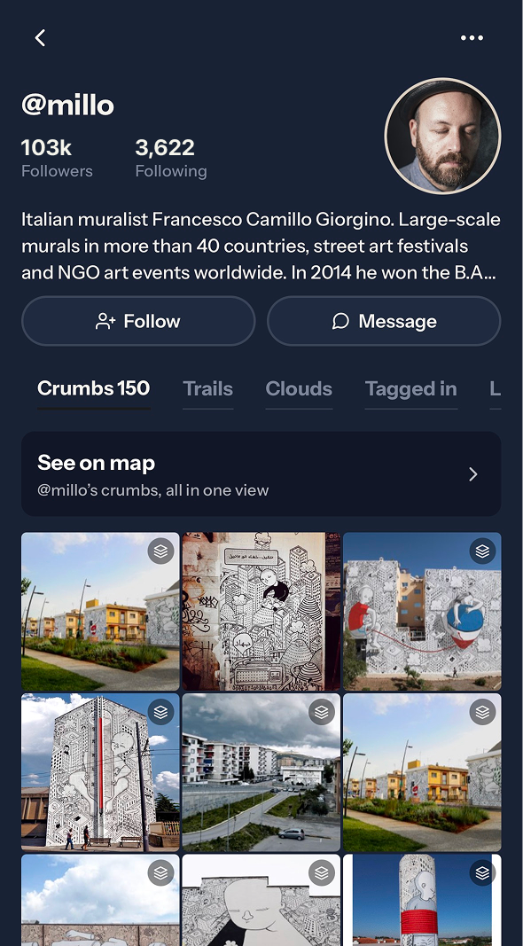 Millo's profile in the app: 103k followers, his bio, and a Follow button.